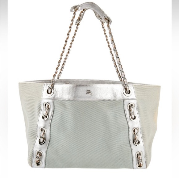 Burberry Blue Label Tote Shoulder Bag Tweed Leather Chain Strap Japan Exclusive - Picture 5 of 17